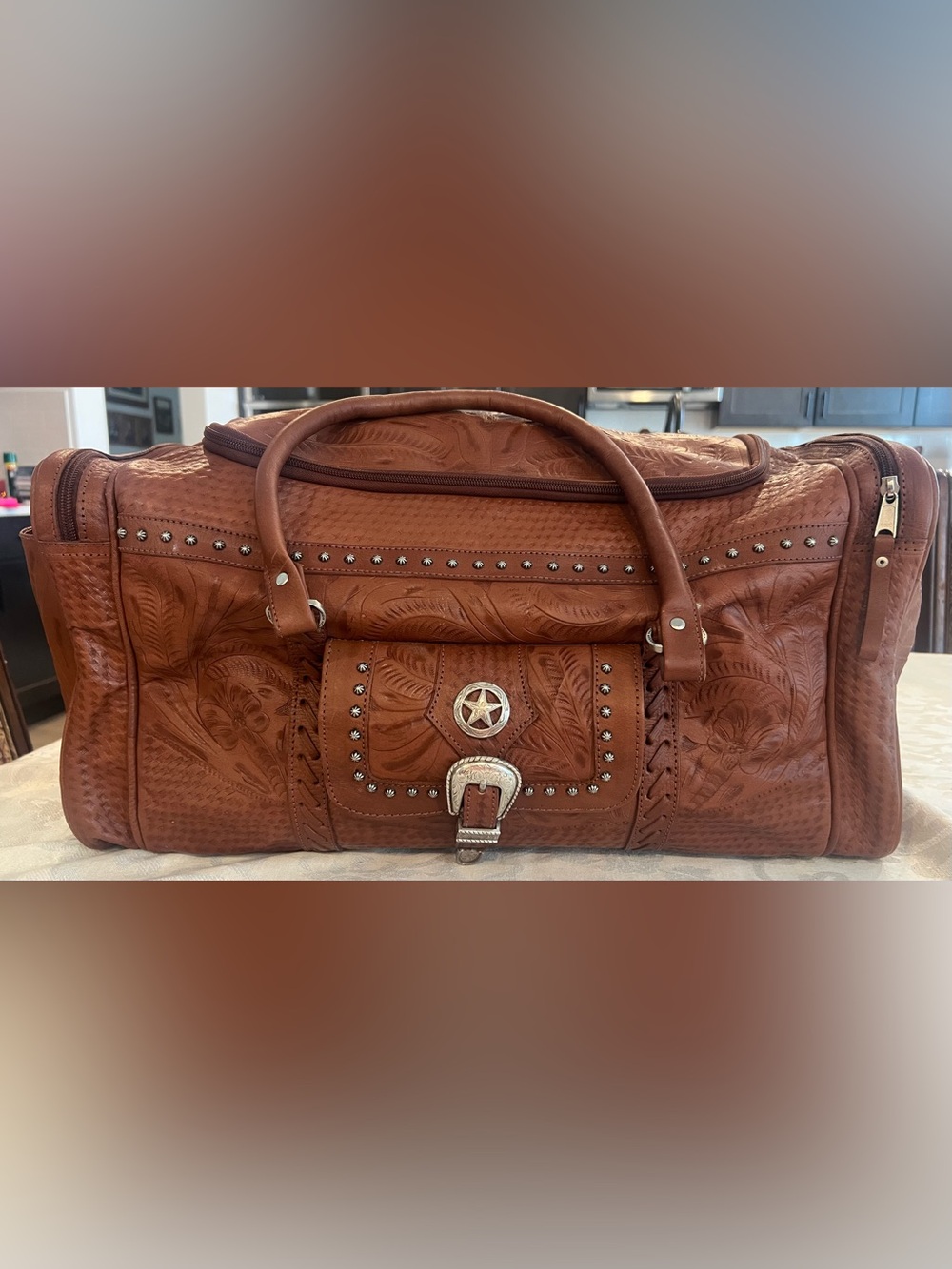 American West Tooled Leather Duffel Bag in Chestnut Brown